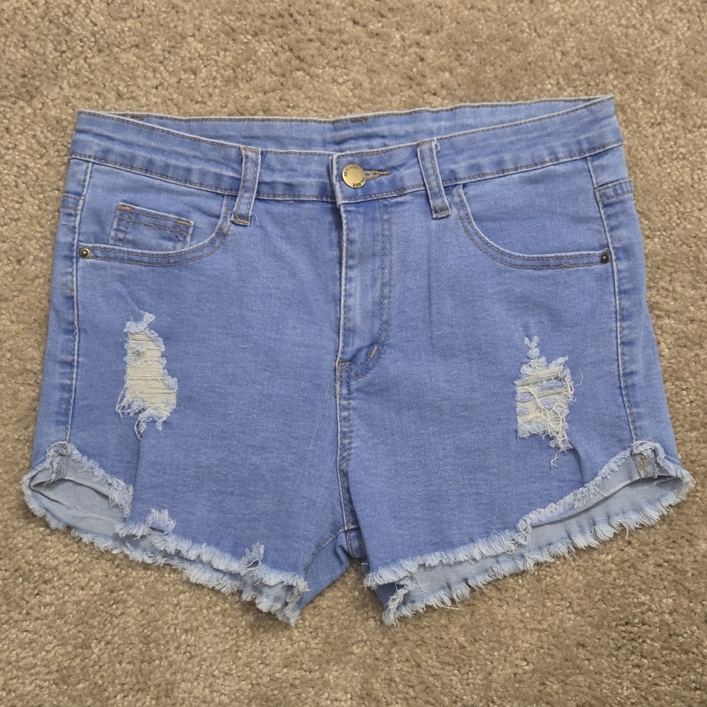 Casual Light Blue Denim Frayed Hem Shorts